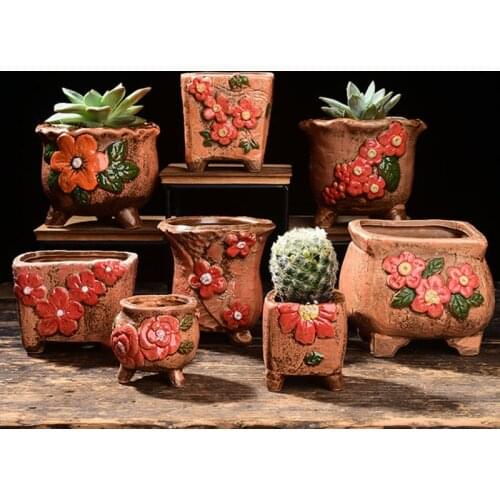 Breathable Vase Office Desktop Ornaments Garden Decor Creative Ceramic Flowerpot Coarse Poterry Floral Pattern Fleshy Plant Pot