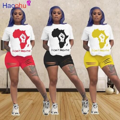 HAOOHU women I can't breathe fist print two piece set o-neck t-shirt hole hollow out shorts pants suit sports tracksuit outfit