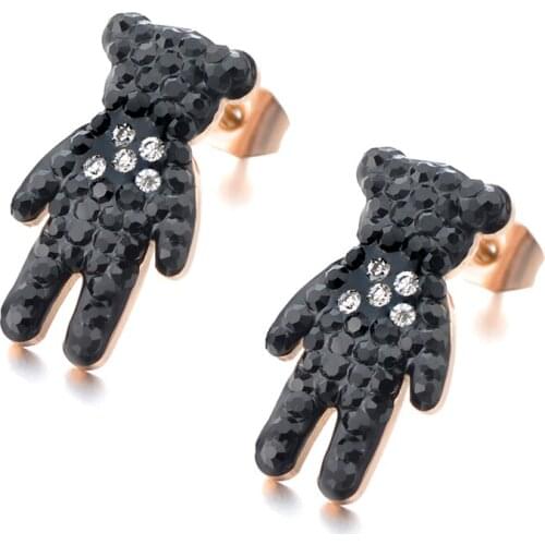JeeMango Classic Titanium Steel Black Crystal Bear Earrings Rose Gold Color Rhinestone Stud Earrings For Women Brincos E18007