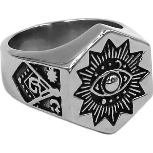 Illuminati Pyramid Eye Masonic Ring Stainless Steel Jewelry Sons Light Sun Moon Star Biker Mens Ring Wholesale SWR0931