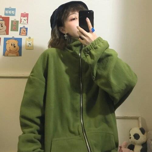 Korean Version Of The Warm Polar Fleece Plus Velvet Sweatshirt Womens Student High Neck Zipper Purple Pocket Kawaii Jacket