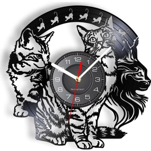 Cats Silhouette Vinyl Record Wall Clock Kitty Retro Artwork Clock Timepieces Re-purposed Vinyl Album Home Decor For Cat Lovers