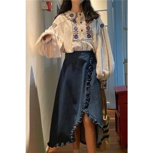 2021 oriental style suit spring and autumn retro sweet embroidery linen shirt skirt two piece suit comfortable fabric daily suit