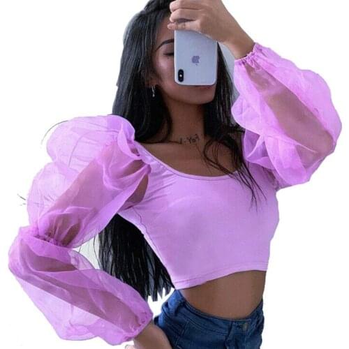 Summer Fashion Women Cropped Tops Sheer Tee Casual Sexy Mesh Puff Sleeve Blouse Club Wear Slim Fit