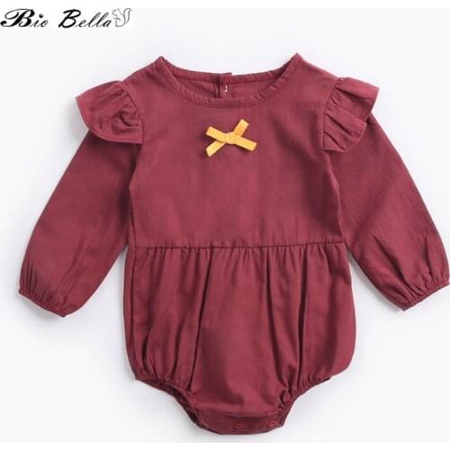 Cute Newborn Baby Girl Long Sleeve Ruffles Bodysuit Spring Autumn Ruffles Jumpsuit Red Pure Girls Outfit Clothes