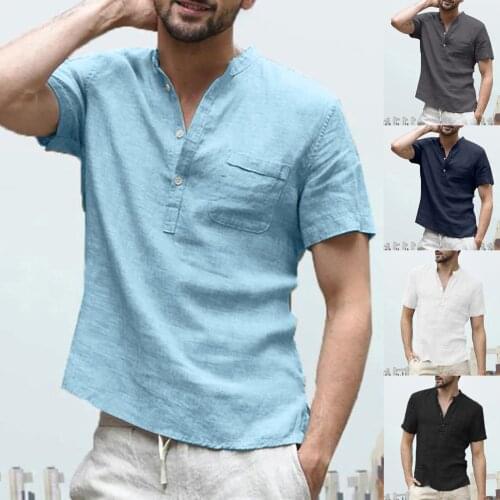 Men Cotton Linen Shirts Slim Fit Dress Shirt Solid Color Short Sleeve Retro T-shirts Tops Blouse Chemise Homme Vintage Clothes