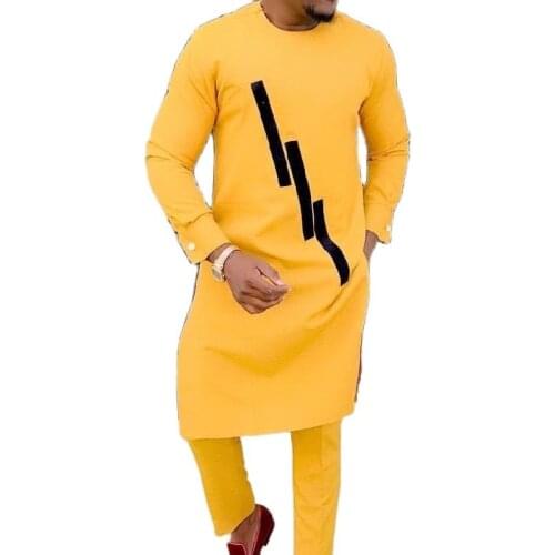 Yellow And Black Patchwork Mens Suits Senator Style Cotton Pant Sets African Fashion Custom For Wedding Party Male Outfits