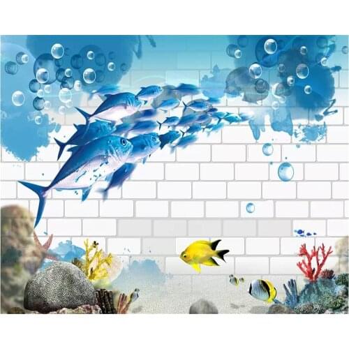 Beibehang Mural wallpaper, fresh brick wall, underwater world, shark, beautiful childrens room, kids room mural 3d wallpaper