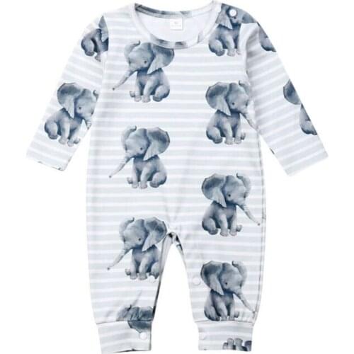Newborn Baby Boy Girl Cartoon Elephant Print Romper Long Sleeve Striped Jumpsuit Autumn Toddler Outfits Clothes 0-24M