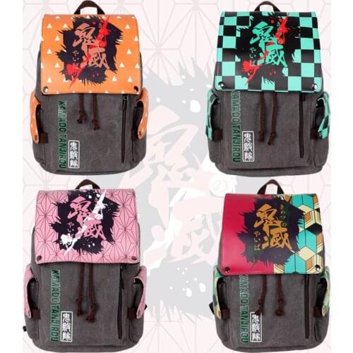 Demon Slayer Kimetsu No Yaiba Anime Peripheral Backpack Cartoon Anime Printing Student School Bag Canvas PU Leather Laptop Bag