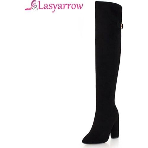 Lasyarrow Fashion Autumn Winter Women Boot Ladies Casual Rhinestone Zipper Thigh High Boots Flock Thick High Heel Long Shoe F526