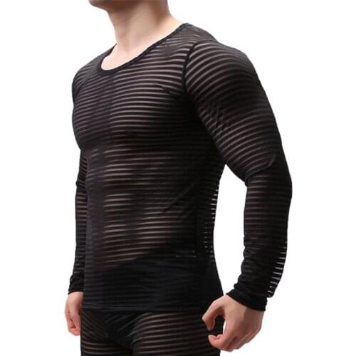 Sexy Mesh T Shirt Mens Transparent 2019 New Long Sleeve See Through Striped Sleep Undershirts Muscle Perform Top Tees Nightwear