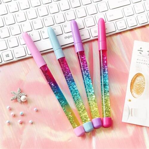 1pc 0.5mm Rainbow Ballpoint Pens, Blue Ink Ballpoint Pen for Kids Office Fairy Stick Pen School Supplies Drift Sand Crystal