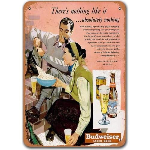 Vintage Metal Tin Sign Budweiser Beer and Popcorn Bar Signs, Sisoso Plaque Poster for Pub Garage Man cave Wall Decor 8x12 inch