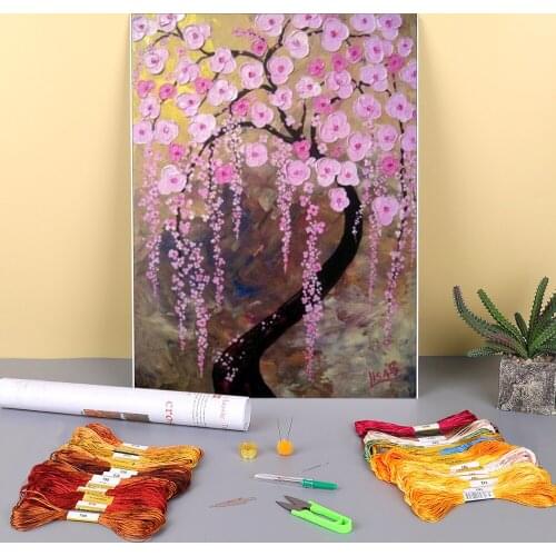 Flower Sakura Printed Water-Soluble Canvas 11CT Cross-Stitch Set Embroidery DMC Threads Handiwork Sewing Painting Magic