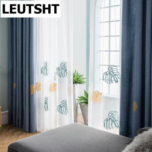 Turtle Leaf High-grade Curtain Embroidered Leaves Living Room Window Tulle Linen Curtain Fabric for Bedroom Kitchen Drape JK079Z