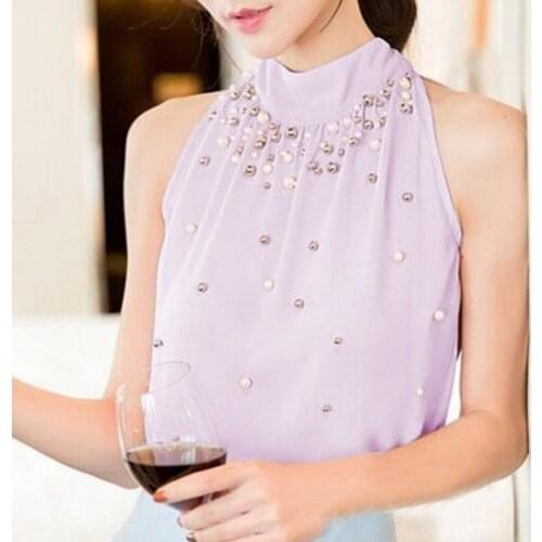 AECU Womens T-shirt Open Shoulder Sleeveless Top With Pearl Skinny Shirt Fashion Sexy Chiffon Top Female Summer 2021