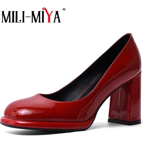 MILI-MIYA Hot Sale 2021 Woman Fashion Thick High Heels Pumps Patent Leather Red Black Party Office Wedding Shoe Large Size 34-42