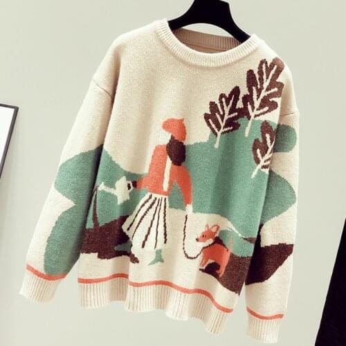 2020 New Autumn Winter Femme Print Sweater Womens Loose-fitting Outer Sweaters Jacket Cartoons O Neck Pullover Sweaters Khaki