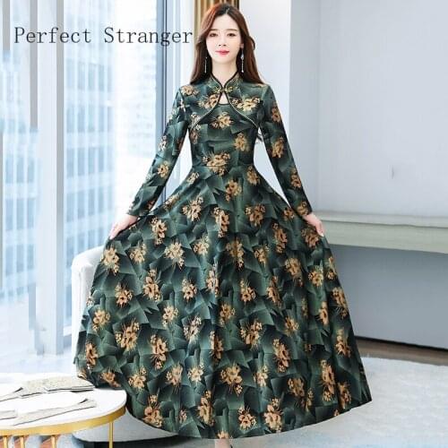 2021 Autumn Winter New Arrival Female Clothes Elegant Mother Dress Stand Collar Floral Long Sleeve Women Long Dress