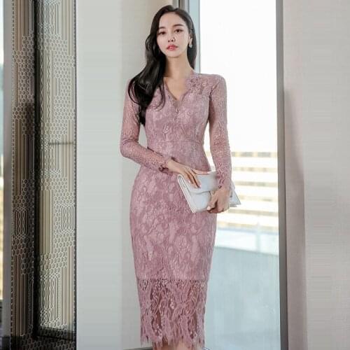 New arrival fashion korean spring midi dress women OL temperament lace perspective v-neck tassel elegant slim holiday dress