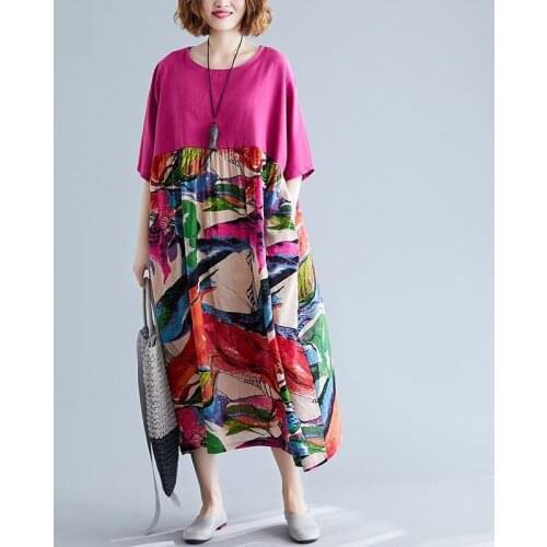 2020 New Summer dress Women Plus size Vintage Hit color Printed Female dresses O-neck Short sleeve Loose Long dress Vestidos