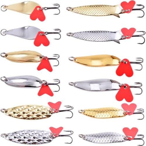 12Pcs Metal Spinner Spoon Fishing Lures 7g 10g 15g Gold Silver Artificial Bait With Feather Treble Hook Trout Pike Bass Tackle
