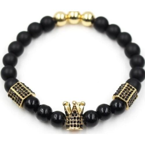 8mm g235 gold silver micro pave cz zircon cubic zirconia Bracelet adjusted bead Crown black stone volcanic lava Bangles