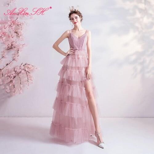 AXJFU luxury pink lace princess long evening dress vintage spaghetti strap beach party ruffles high/low pink evening dress 661