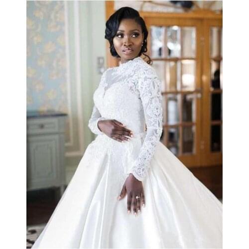 African Long Gowns Sleeve High Neck Muslim Wedding Dresses 2022 Plus Size Lace Appliques Satin A Line Pearls Bridal