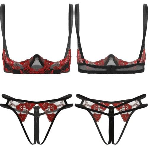 Hot Erotic Lingerie Set Lace Sexy Bare Exposed Breasts Push Up Bra and Crotchless Panty Set Embroidery Womens Underwear Set
