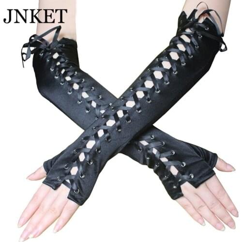 JNKET New Womens Punk Lace Bandage Gloves Fingerless Long Gloves Evening Party Costume Accessories Gloves Nightclub Gloves