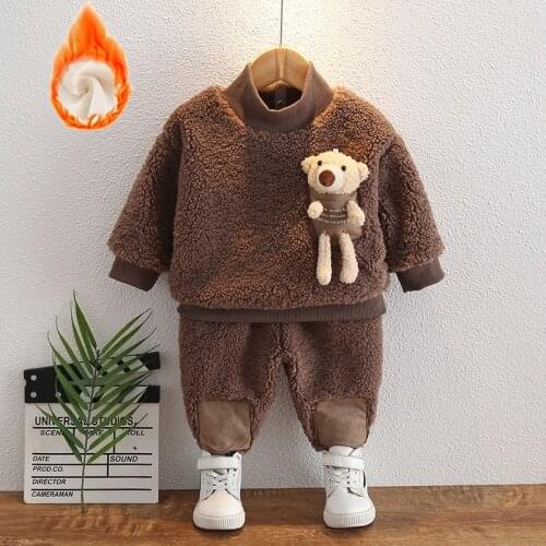 Autumn and winter new childrens Cartoon Bear cute suit baby plush thickened two-piece long sleeve warm casual sportswear
