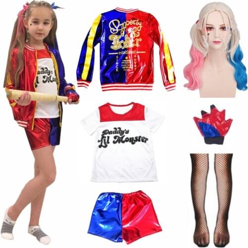 Suicide Cosplay Costumes Quinn Squad Harley Monster Woman Girls T Shirt Jacket Pants Bracer Belt Collar Accessories Full Set