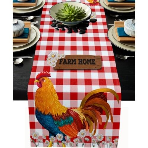 Red Plaid Small Daisy Rooster Farm Table Runner Modern Party Dining Table Runner Wedding Table Decor Tablecloth and Placemats
