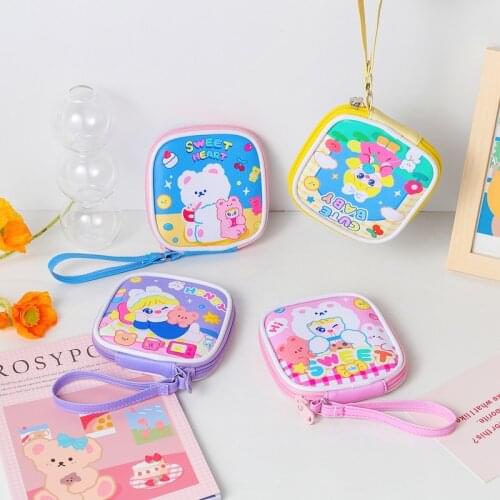 Cartoon Wrist Strap Coin Purse For Girls Kawaii Bear Card Holders Women Leather Wallets Earphone USB Organizer Storage Bags