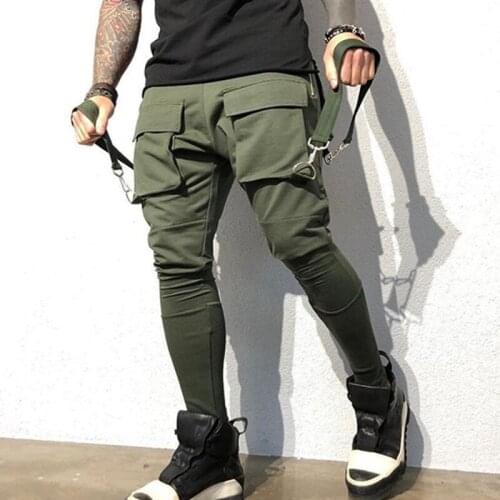 Mens Leisure Sports Spring And Autumn Cargo Style Trousers Multi-Pocket Fitness Small Trousers With Strappy Slacks