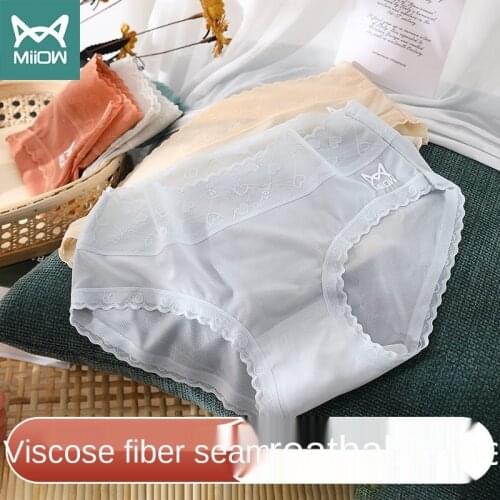 MiiOW Ice Silk Underwear Womens Thin Section Breathable Mid-waist Girl Lace Seamless Ladies Antibacterial Cotton Briefs Summer