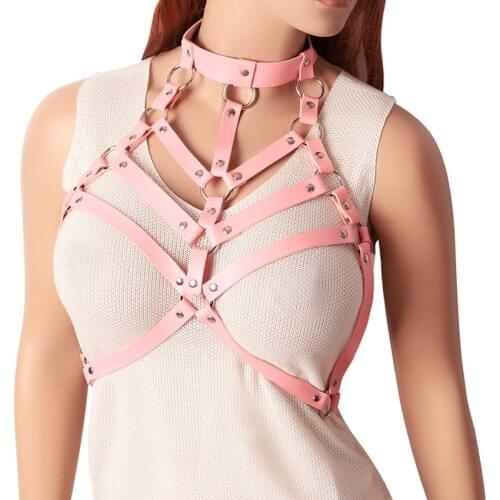 New Leather Pink Harness Women Punk Goth Cupless Bra Tops Harness Belt Body Bondage Chest Sexy Lingerie Festival Rave