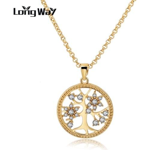LongWay Gold Color Chain Necklace With Crystal Tree of Life Pendant Round Shape Necklaces for Women Jewelry SNE160107103