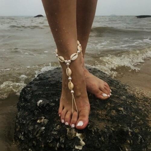 Beach anklets with shell and faux pearl knit