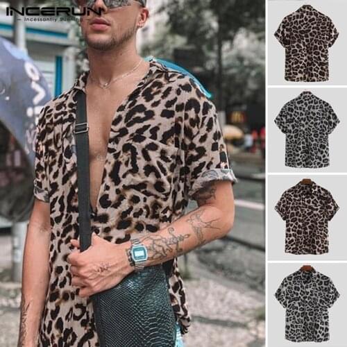 INCERUN 2021 Summer Leopard Print Shirts Fashion Men Short Sleeve Lapel Shirt Casual Floral Blouse Men Hawaiian Beach Tops 5XL