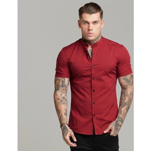 New Arrivals Summer Man Short Sleeve Shirt Solid Fitness Mens Stand Collar Super Slim Fit Business Dress Shirt Button Gym Tops