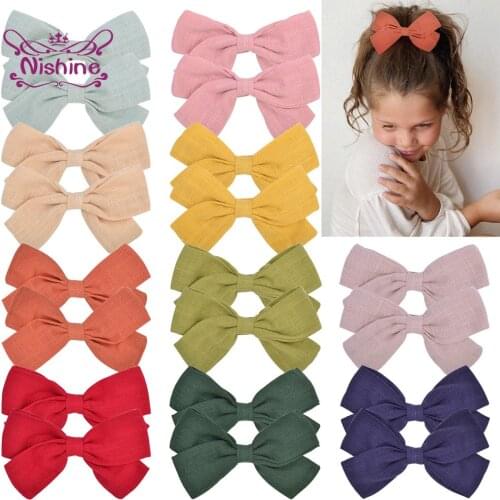 Nishine 2pcs/lot Cute 3.6 Inch Solid Color Cotton Linen Bow Hairpin Baby Girls Hair Clips Kids Hair Accessories Photo Props