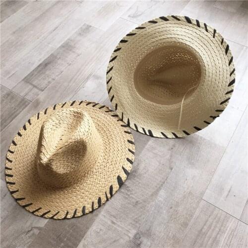 New straw black stripe Summer sunshade beach breathable jazz British version Joker sunblock large brim basin hat MAN bucket hats
