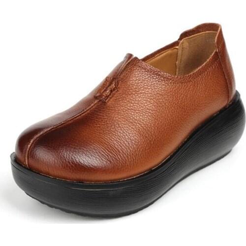 2020 new spring autumn genuine leather shoes woman thick sole Increase shoes retro casual shoes wedges high heels women shoes