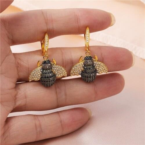 JUWANG Vintage Ladies Stud Earrings Luxury Jewelry Cubic Zirconia Beetle Bee Pendant Dangle Earrings For Women Pendientes Mujer