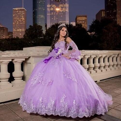 Amazing Light Purple Quinceanera Dresses Lace Applqiues Sweet 16 Dress Long Sleeve vestidos de 15 años 2021