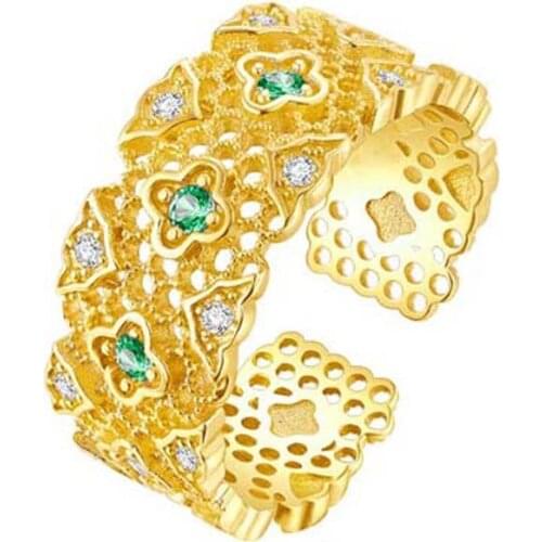 High Quality Aestethic Emerald Color Cubic Zirconia Gold Plated Ring Jewelry Fashion Goth Adjustable Size Wide Ring For Women