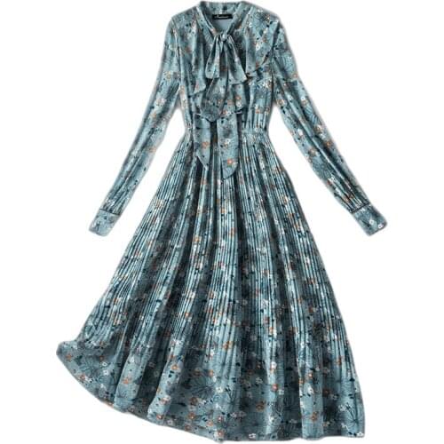 2021 Spring Summer Casual Woman Long Sleeve Floral Blue Chiffon Long Pleated Dress Plus Size L to 4XL